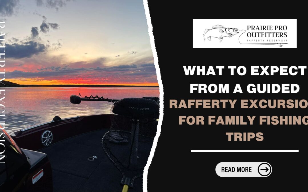 Sunset glow over Rafferty Reservoir from a fishing boat with the blog title highlighted with a “Read More” button.